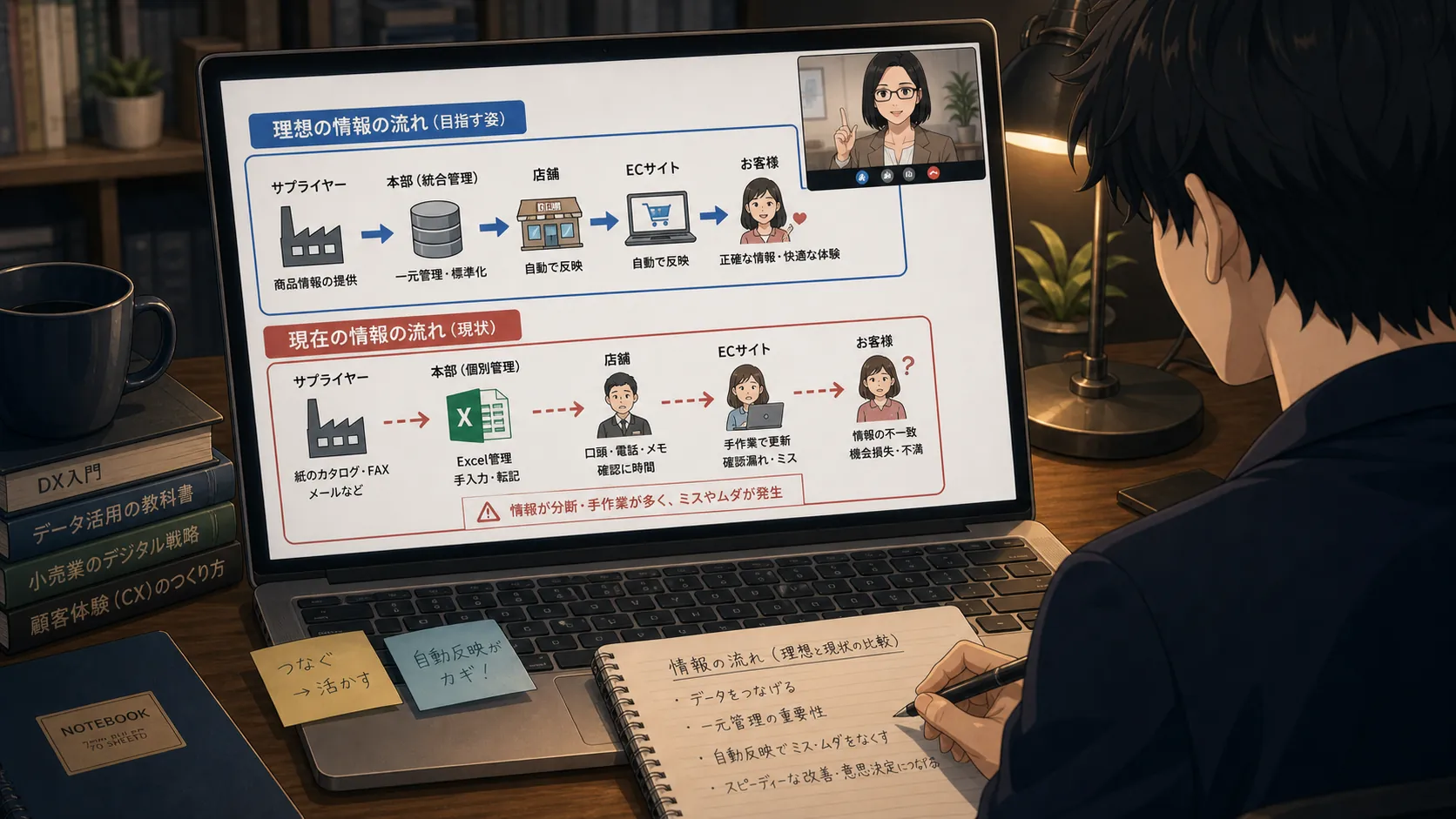 商品情報の理想フローと現状フローを上下で比較