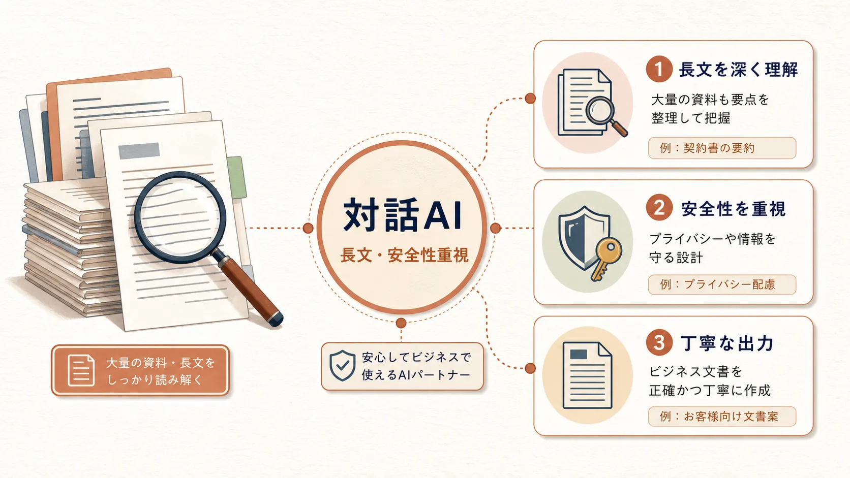 Claudeが文章の質・業務自動化・丁寧な出力を得意とすることを示す概念図